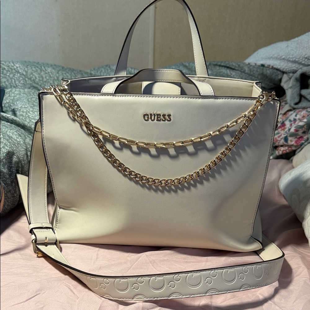GUESS Cream Tote with Gold Chain Accent
